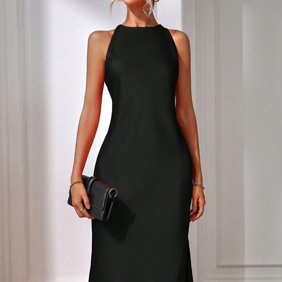 Black Preppy Womens Solid Split Thigh Dress - Picture 5 of 5